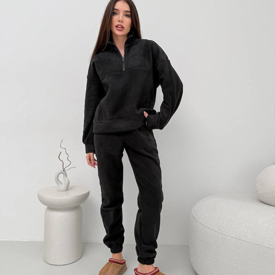 Damen Kuscheliges Fleece-Loungewear-Set mit halbem Reißverschluss und elastischer Jogginghose Shop Nory