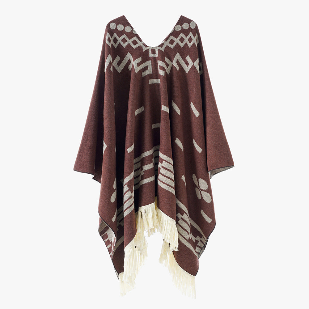Damen Oversize Poncho im Boho‑Stil mit V‑Ausschnitt, Jacquard‑Muster und langen Fransen Shop Nory