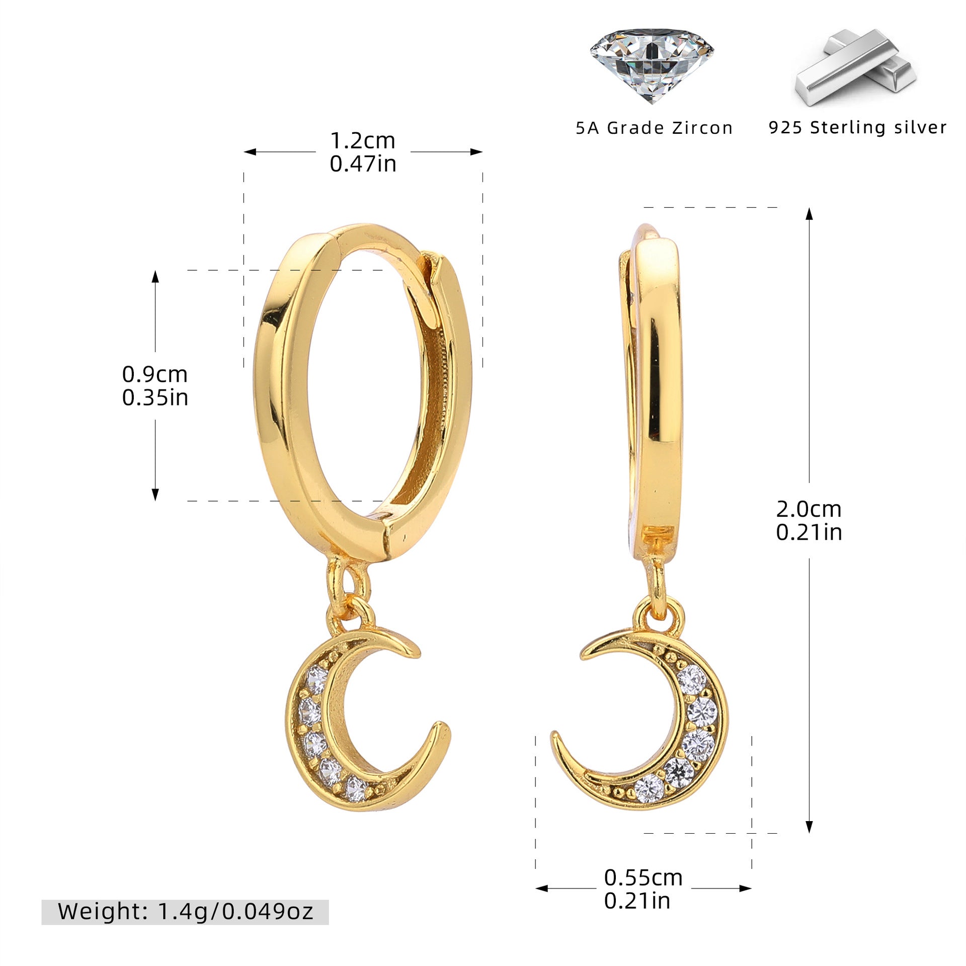 Damen Ohrhänger mit elegantem Mondanhänger und funkelnden Zirkonen Shop Nory