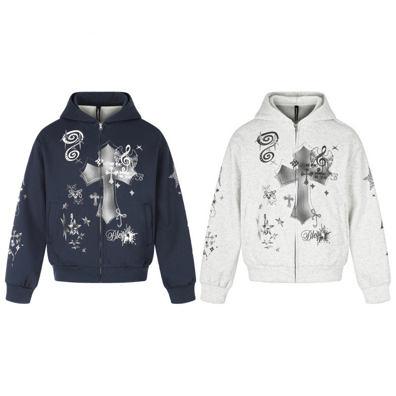 Unisex Oversize-Kapuzenzipjacke mit Allover-Grafikprint, Reißverschluss und geripptem Saum Shop Nory