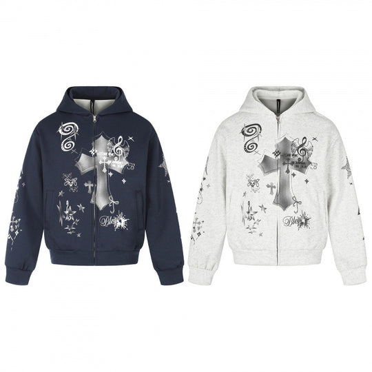 Unisex Oversize-Kapuzenzipjacke mit Allover-Grafikprint, Reißverschluss und geripptem Saum Shop Nory