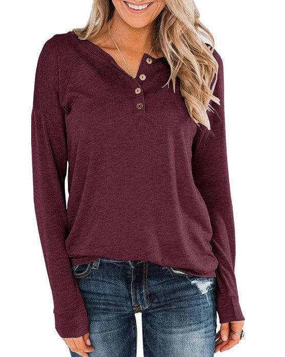 Damen modisches Langarm-Henley-Shirt mit Knopfleiste