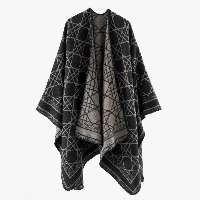 Damen Wendbarer Jacquard-Capeponcho mit geometrischem Allovermuster und offenem Kimono-Fall Shop Nory