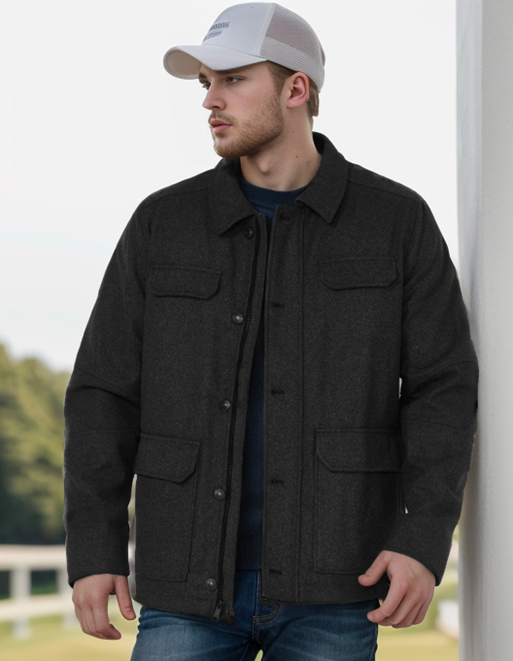 Herren Wollmix-Fieldjacke mit Pattentaschen, durchgehender Knopfleiste und Hemdkragen Shop Nory