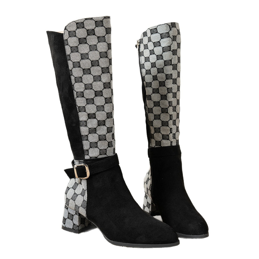 Damen kniehohe Stiefel mit Hahnentritt-Schaft, seitlichem Reißverschluss und komfortablem Blockabsatz Shop Nory