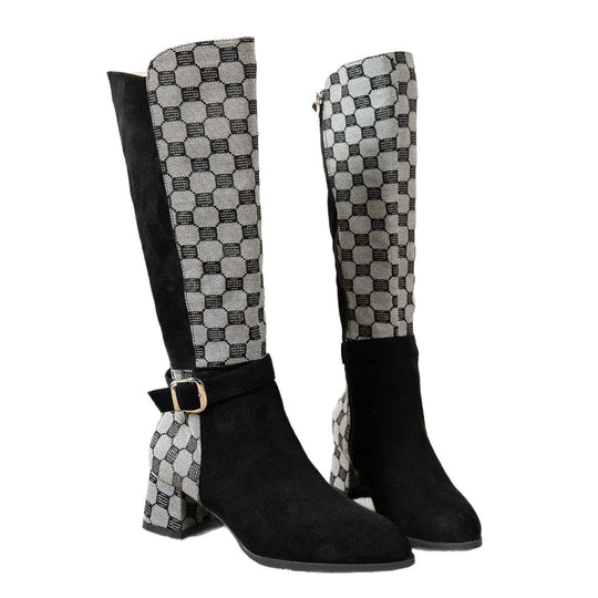Damen kniehohe Stiefel mit Hahnentritt-Schaft, seitlichem Reißverschluss und komfortablem Blockabsatz Shop Nory