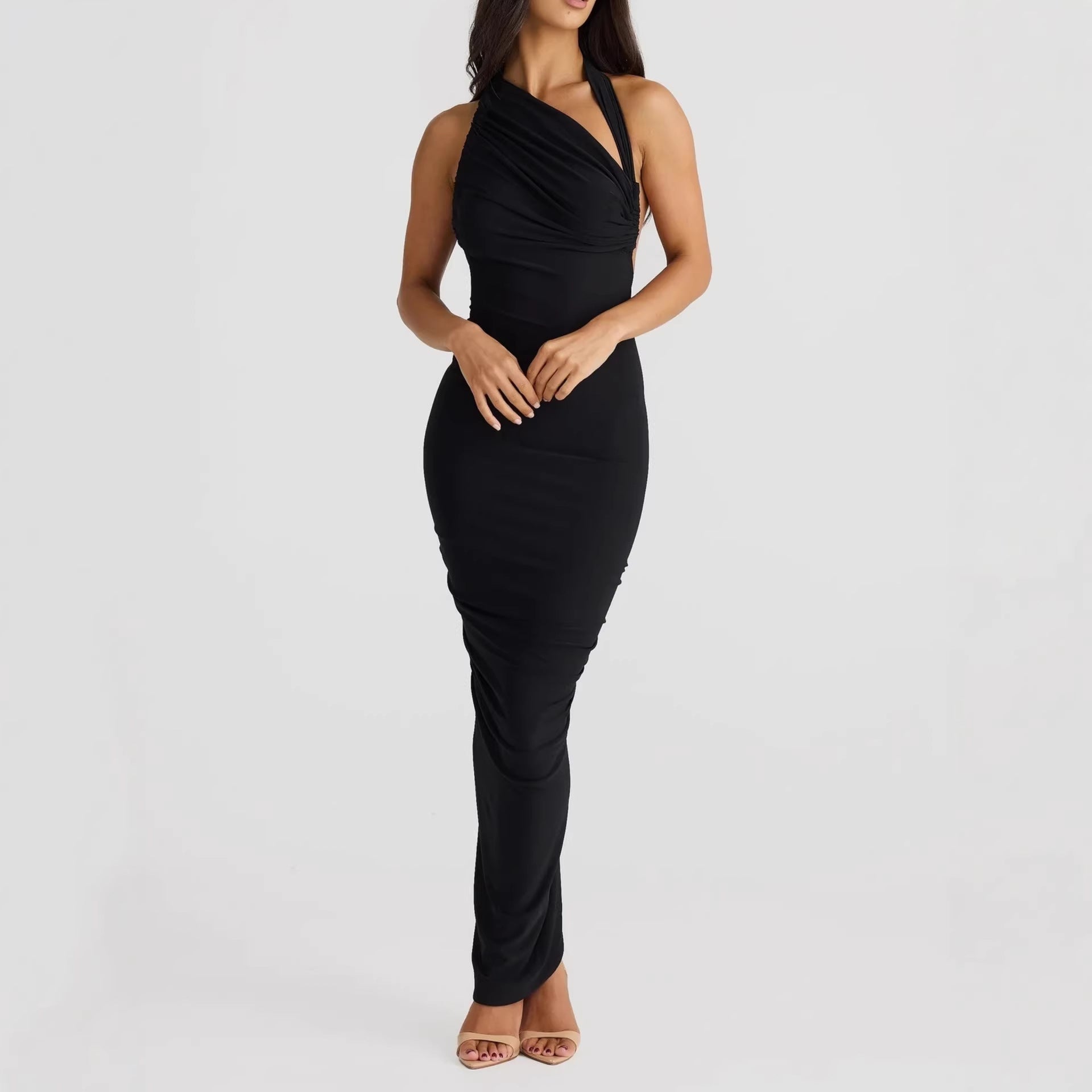 Damen Elegantes langes Wickelkleid mit schulterfreiem Design und gerafftem Oberteil