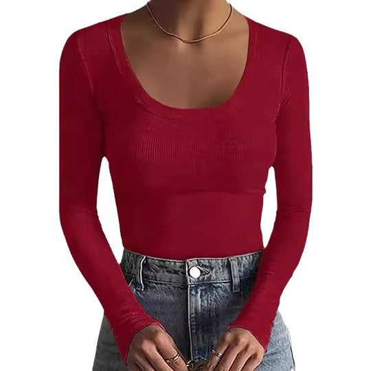 Damen Schmal geschnittenes Langarm-Feinstricktop mit weitem U-Ausschnitt Shop Nory
