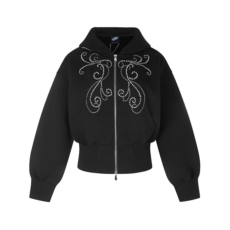 Damen Taillierte Kapuzen-Sweatjacke im Bomberstil mit Strass‑Ornament Shop Nory