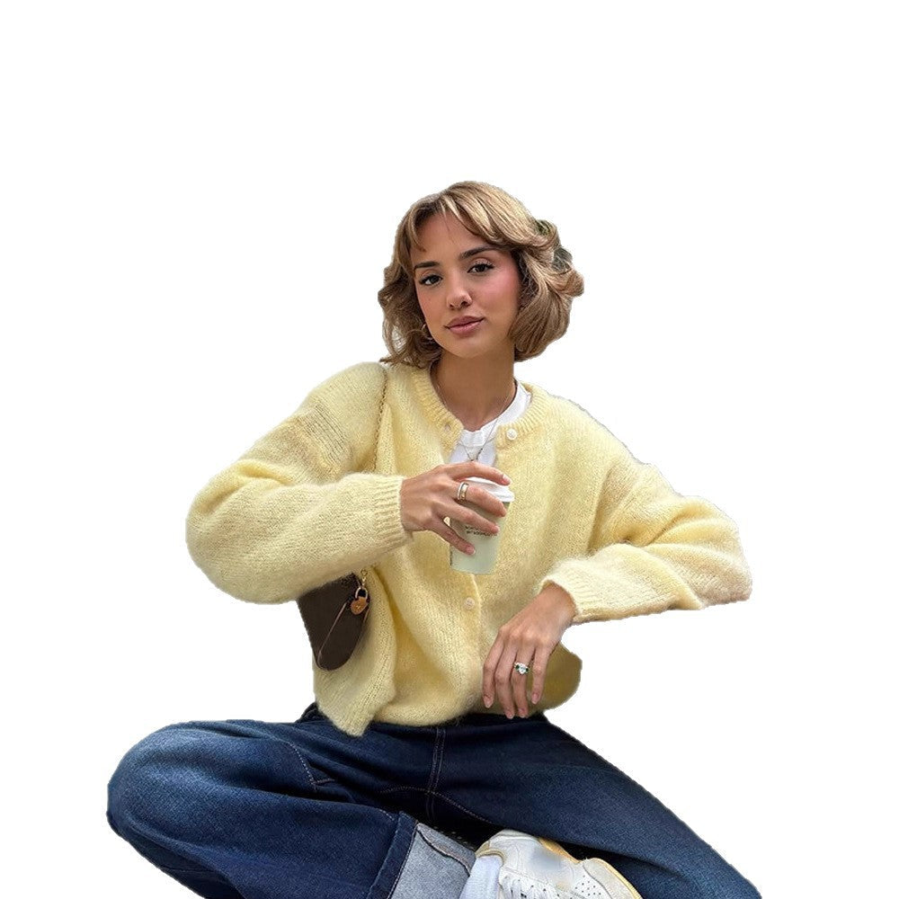 Damen weicher Strickcardigan mit großen Puffärmeln