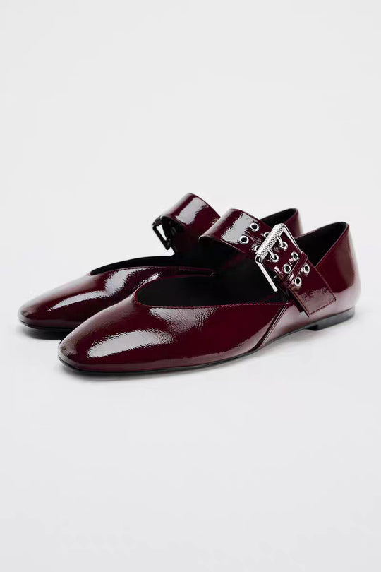 Damen Flache Riemchen‑Ballerinas mit breitem dekorativem Schnallenriemen und Leopardenmuster Shop Nory