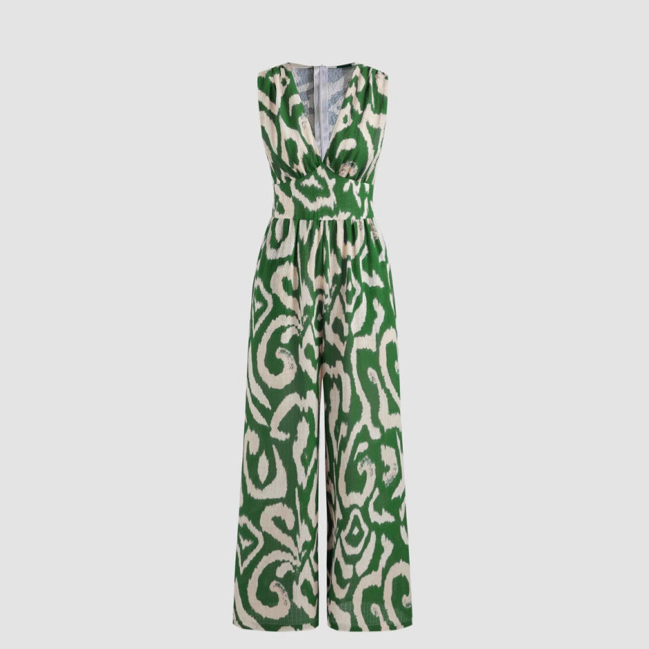 Damen Modischer Maxijumpsuit mit tiefem V-Ausschnitt und elastischem Taillengürtel