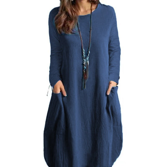 Damen Langes A‑Linien Leinenoptik Kleid mit Eingrifftaschen und Rundhalsausschnitt Shop Nory