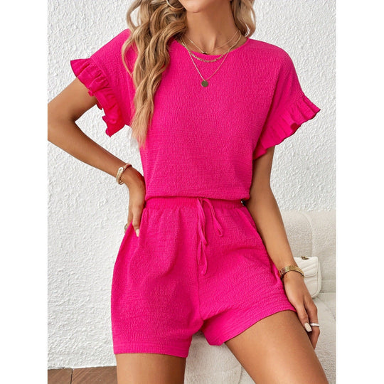 Damen Kurzarm-Overall mit Rüschendetails und Bindegürtel