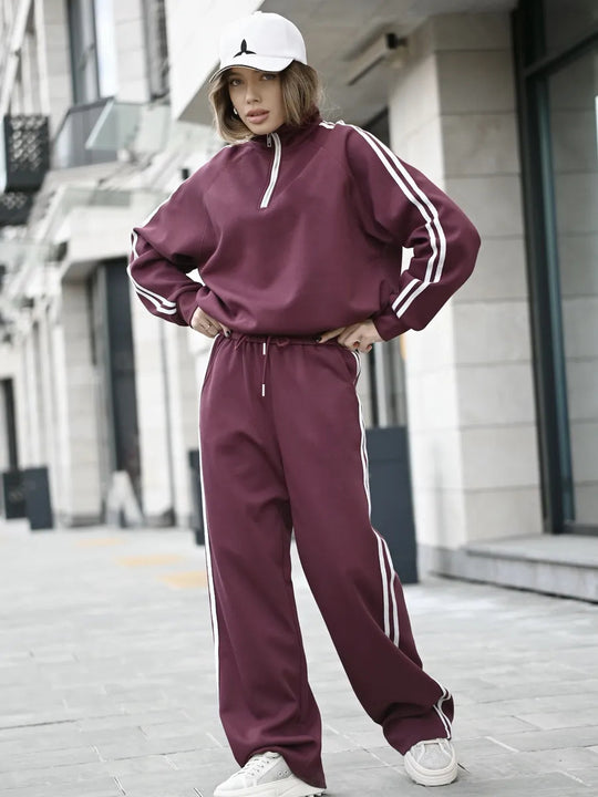 Damen Lässiges Sweat-Set mit Stehkragen, Ballonärmeln und Seitenstreifen Shop Nory