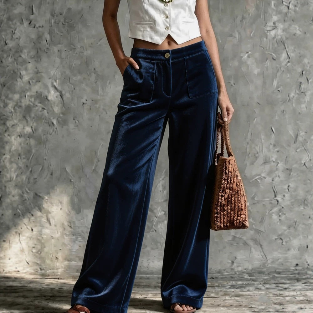 Damen Weite Samt-Palazzohose mit hoher Taille und aufgesetzten Taschen Shop Nory