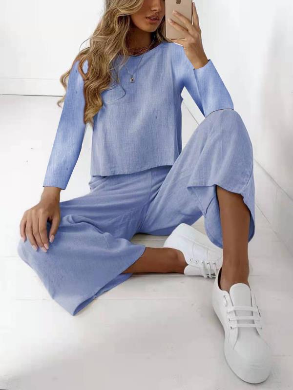 Damen Lässiges Leinenoptik-Zweiteiler Set mit Oversize-Langarmtop und weiter Palazzo-Hose Shop Nory