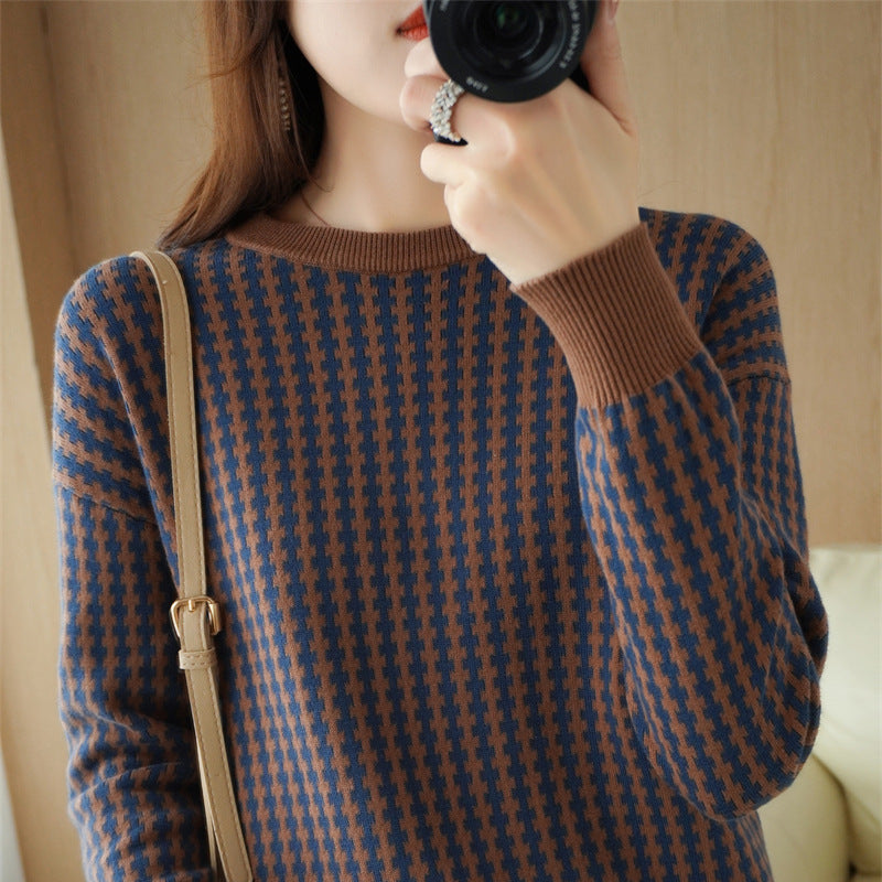 Damen Leichter Strukturstrick-Pullover mit Hahnentritt-Muster und breitem Rippbündchen Shop Nory