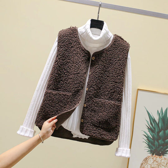 Damen Teddy-Fleece Weste mit Knopfleiste und Aufgesetzten Taschen Shop Nory