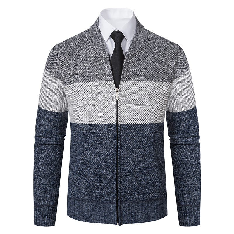 Herren Strukturierte Blockstreifen‑Strickjacke mit Frontzip, Stehkragen und Eingrifftaschen Shop Nory