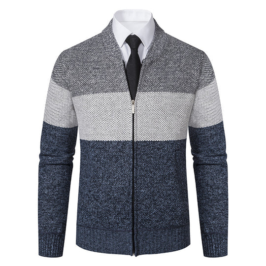 Herren Strukturierte Blockstreifen‑Strickjacke mit Frontzip, Stehkragen und Eingrifftaschen Shop Nory