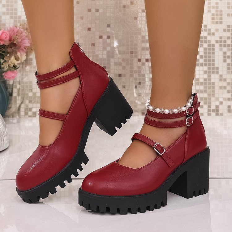 Damen Mary-Jane-Schuhe mit profiliertem Plateau, klobigem Blockabsatz und verstellbaren Riemen Shop Nory