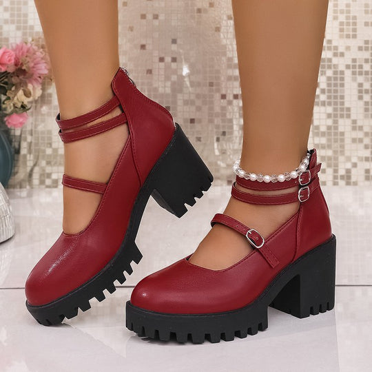 Damen Mary-Jane-Schuhe mit profiliertem Plateau, klobigem Blockabsatz und verstellbaren Riemen Shop Nory