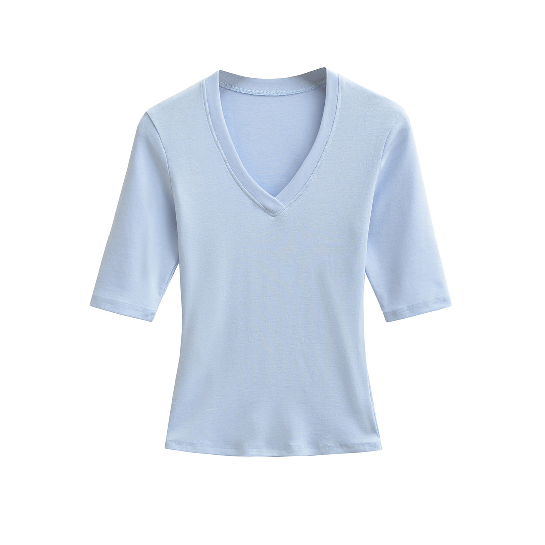 Damen Figurbetontes V‑Ausschnitt Dreiviertelarm Feinripp-Top aus Stretchjersey Shop Nory
