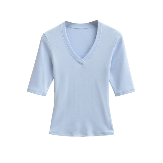 Damen Figurbetontes V‑Ausschnitt Dreiviertelarm Feinripp-Top aus Stretchjersey Shop Nory