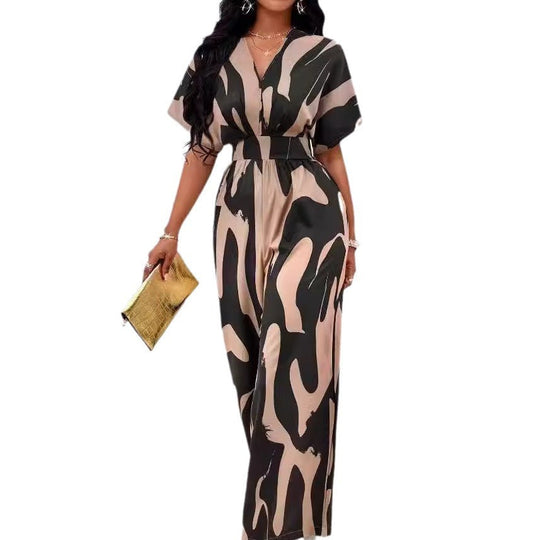 Damen Eleganter Jumpsuit mit großflächigem Muster und V-Ausschnitt
