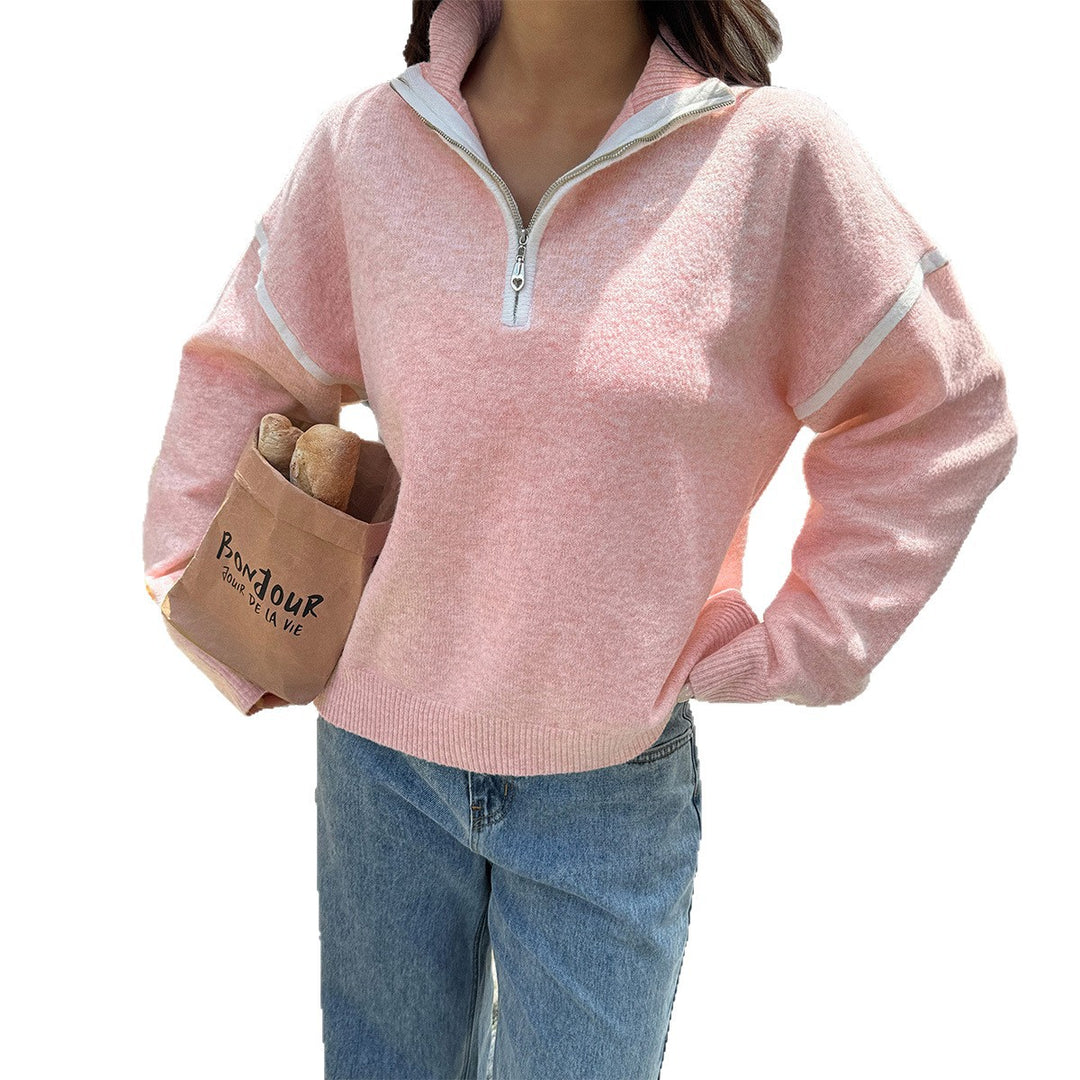 Damen nan oversized Strickpullover mit halbem Reißverschluss, Kontrastpaspeln und überschnittener Schulter Shop Nory