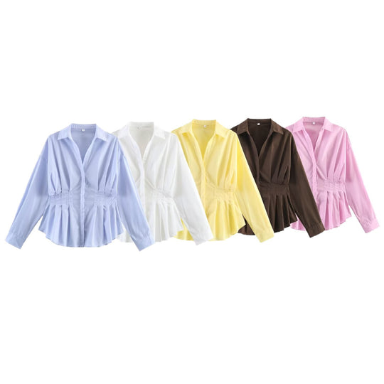 Damen Taillierte Bluse mit Kellerfalten, Eingearbeitetem Tunnelzug und Hemdkragen Shop Nory