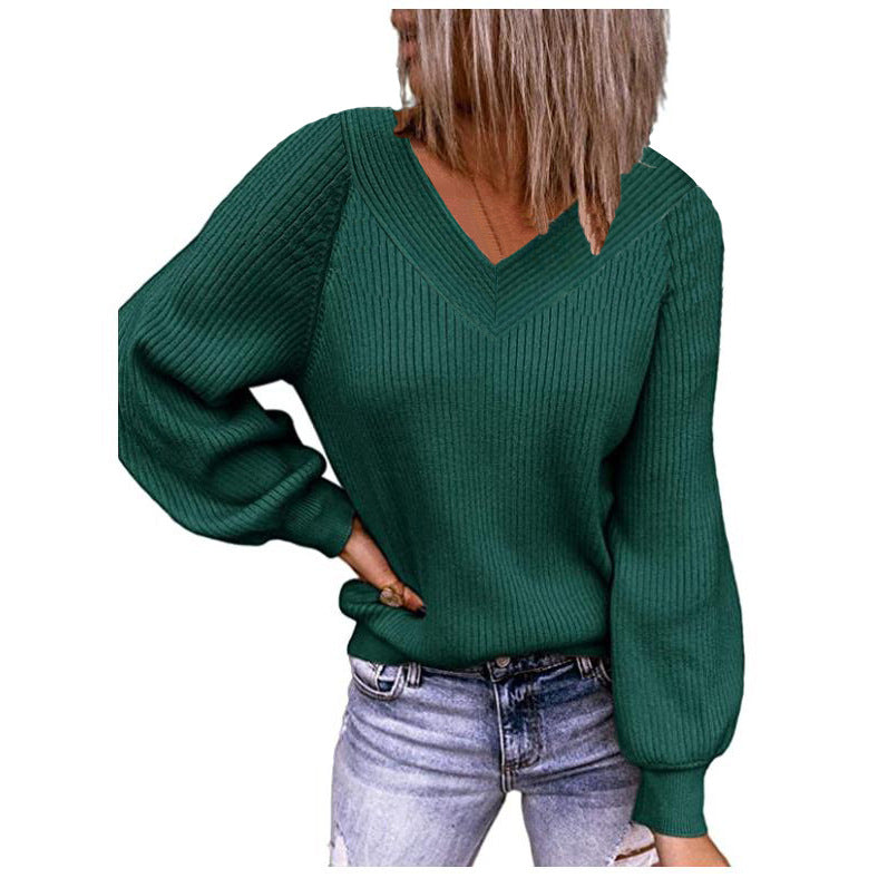 Damen Gerippter V‑Ausschnitt Pullover mit Ballonärmeln und lässiger Passform Shop Nory