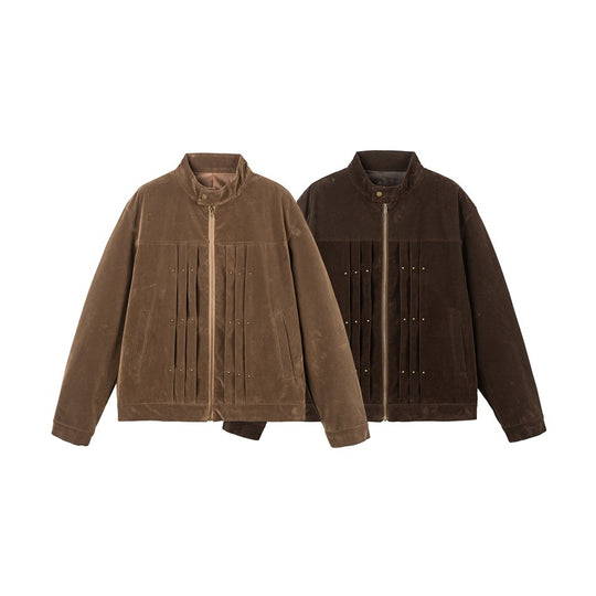 Herren Veloursleder-Optik Blousonjacke mit Faltenpasse und Nieten-Detail Shop Nory