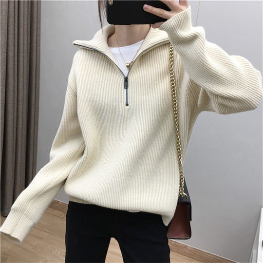 Damen Leichter Strickpullover mit hohem Kragen und Reißverschluss