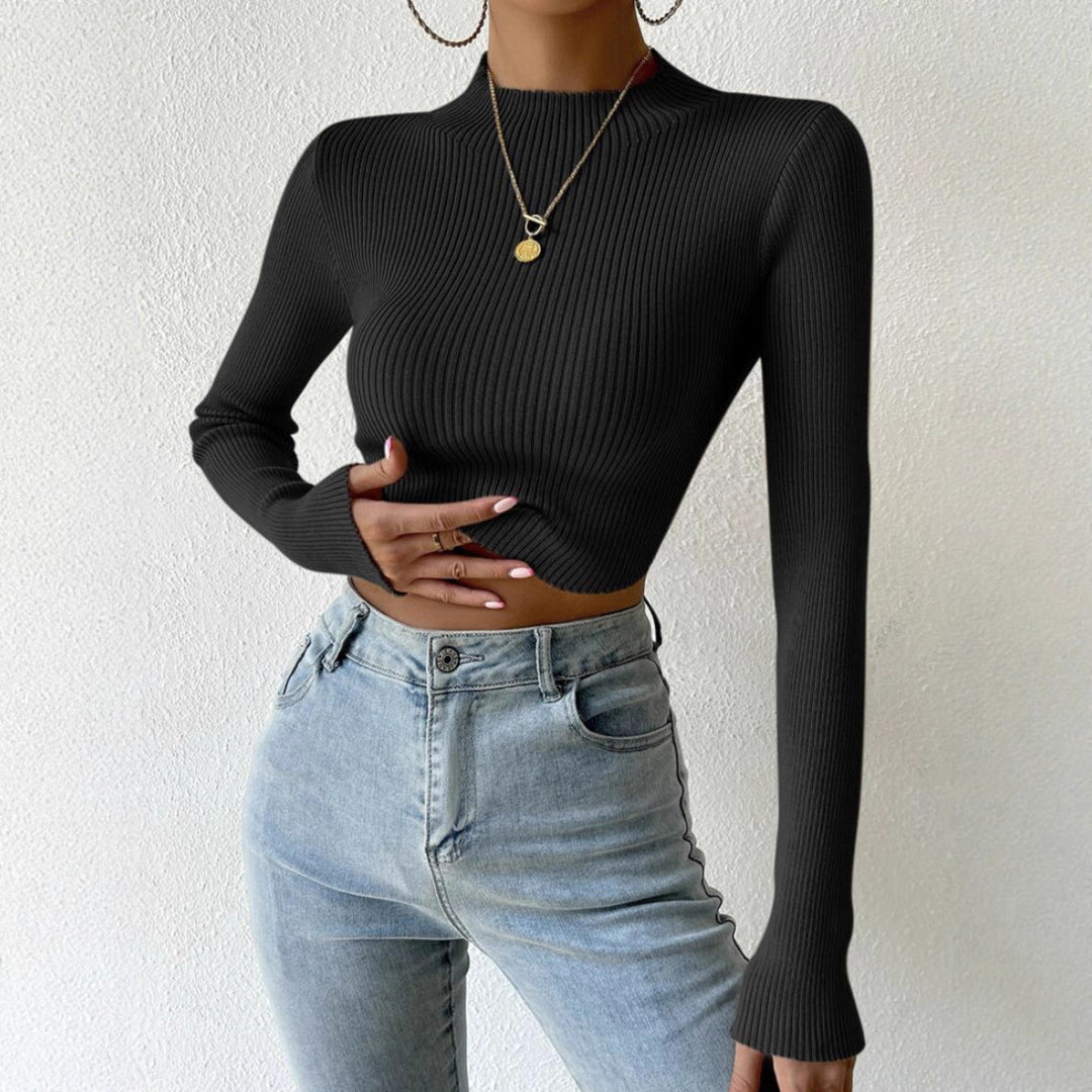 Damen Gerippter Cropped Feinstrickpullover mit Stehkragen Shop Nory