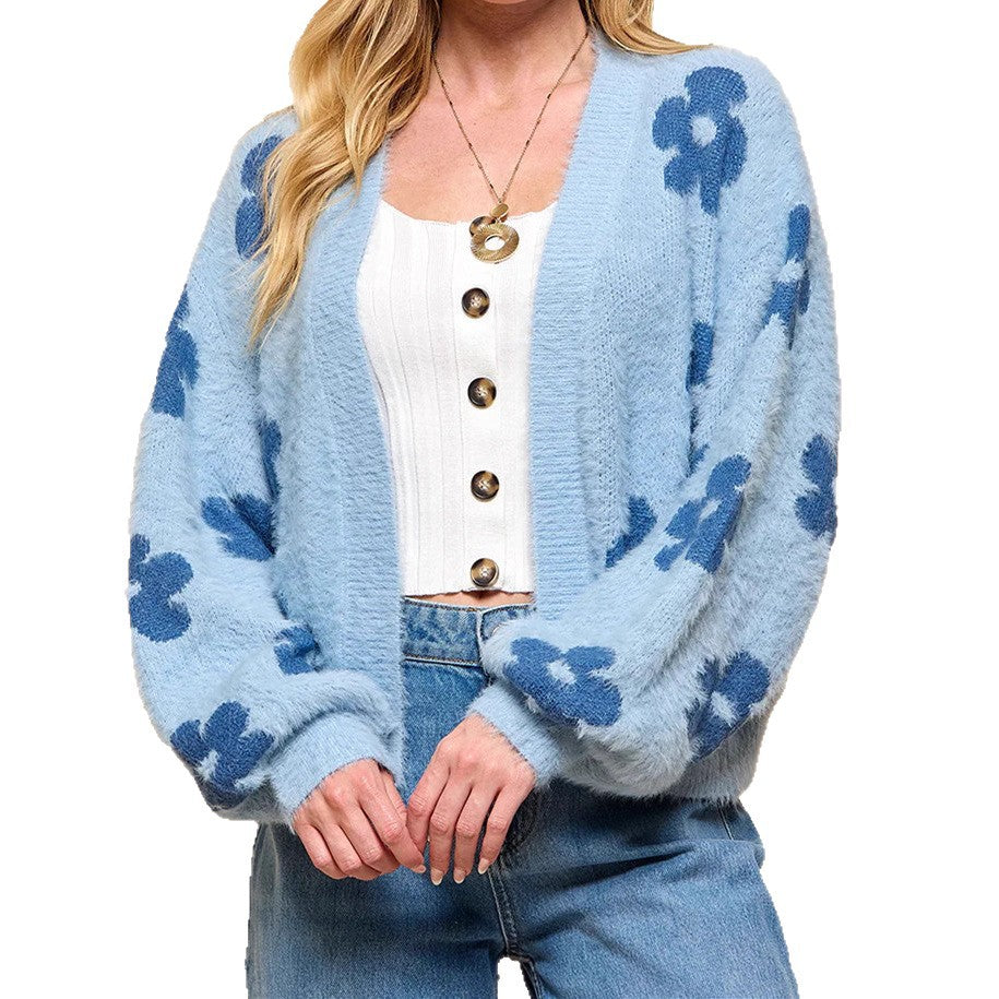 Damen Flauschiger Cardigan mit Blumenmuster