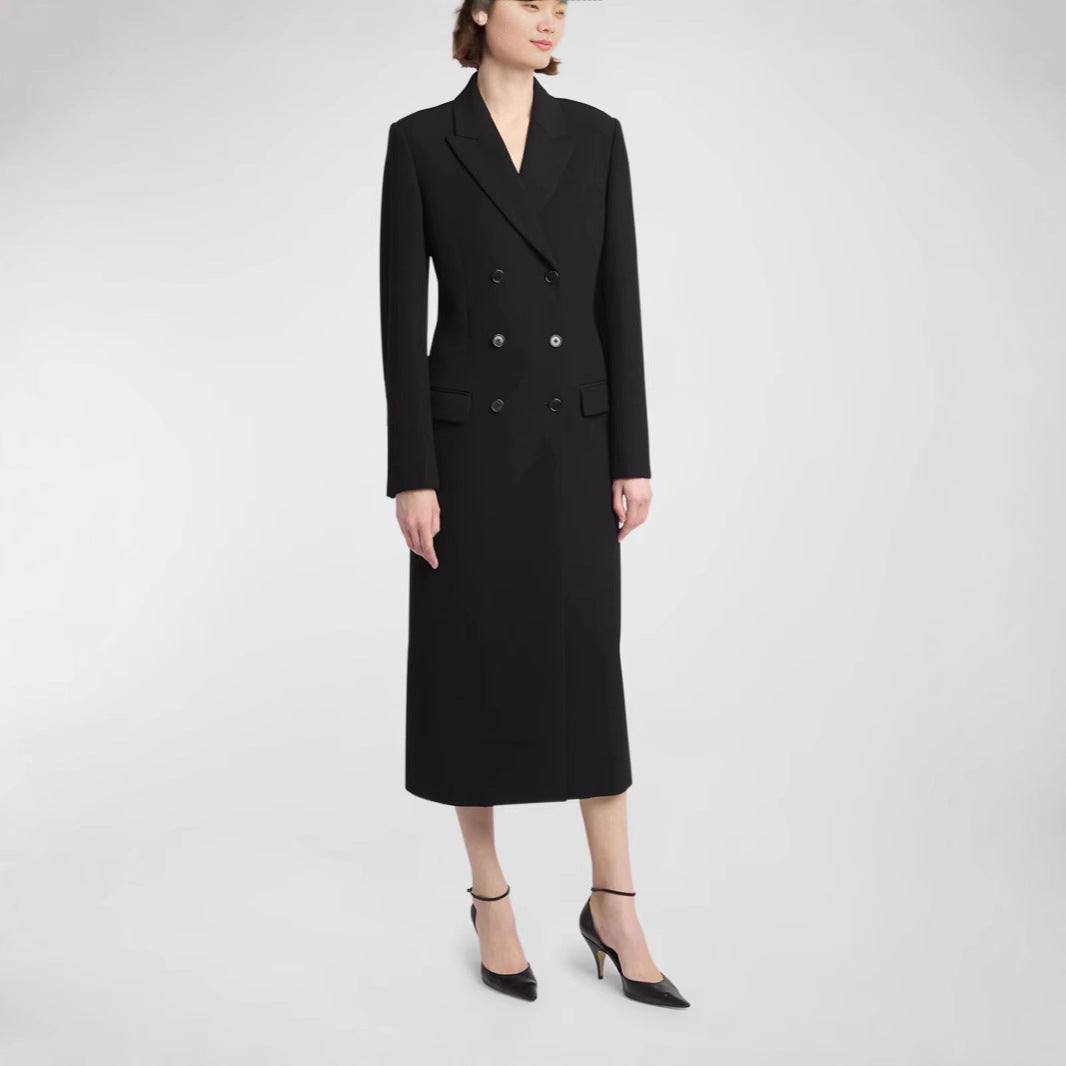 Damen Midilanger Doppelreihiger Blazer‑Mantel mit strukturierter Schulter und schlanker Passform Shop Nory