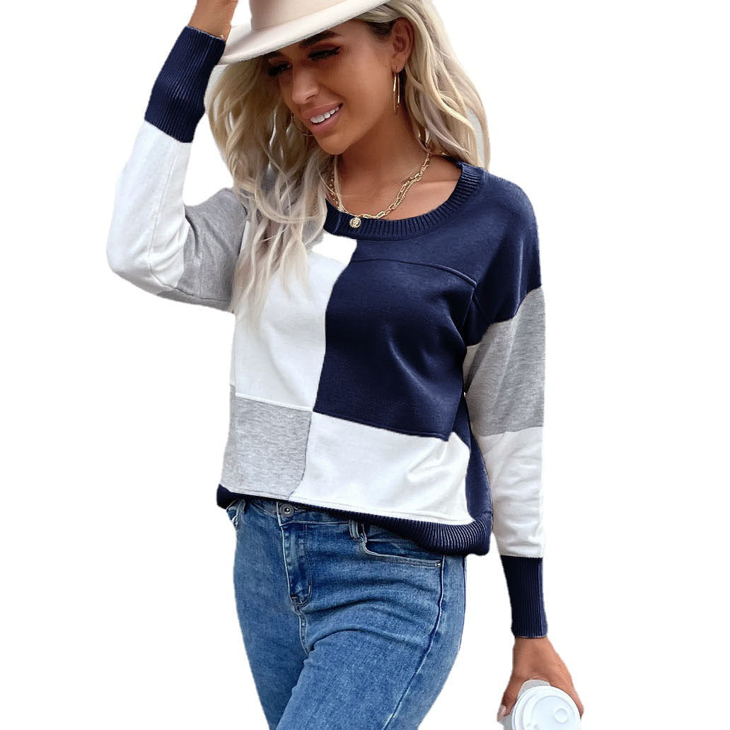 Damen Legerer Feinstrick-Pullover im Blockkaro mit geripptem Saum und lässiger Passform Shop Nory