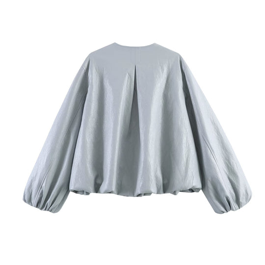 Damen Oversize-Kunstlederjacke mit Rundhals, geraffter Passe und Ballonärmeln Shop Nory