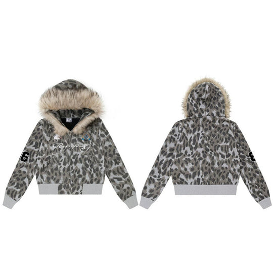 Damen Kapuzen-Sweatjacke mit Kunstfellbesatz, Leo-Allover und Reißverschluss Shop Nory