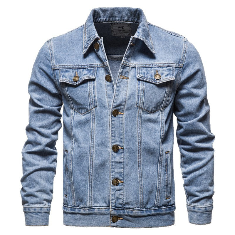 Herren taillierte Trucker-Denimjacke mit Pattentaschen, Metallknopfleiste und kontrastierenden Nähten Shop Nory