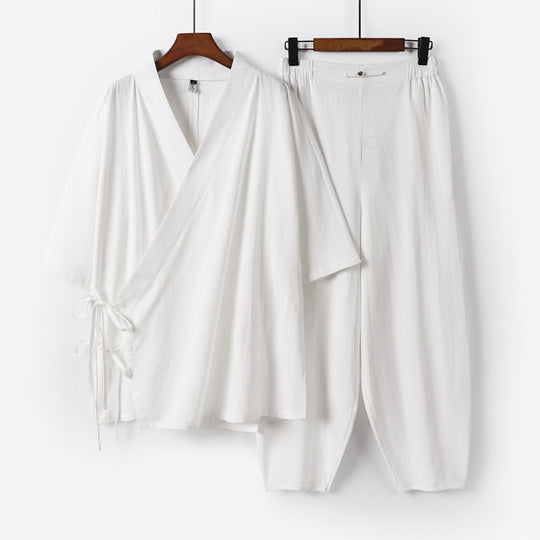 Unisex Leichtes Wickel-Lounge-Set im Kimono-Stil mit seitlichen Bindebändern und elastischer konisch zulaufender Hose Shop Nory