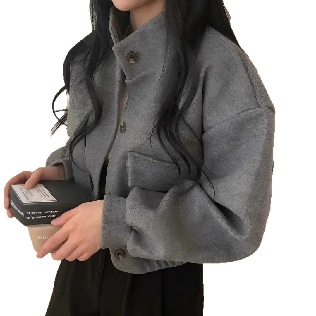 Damen Kurze Oversize-Wolloptik-Jacke mit Stehkragen und Ballonärmeln Shop Nory