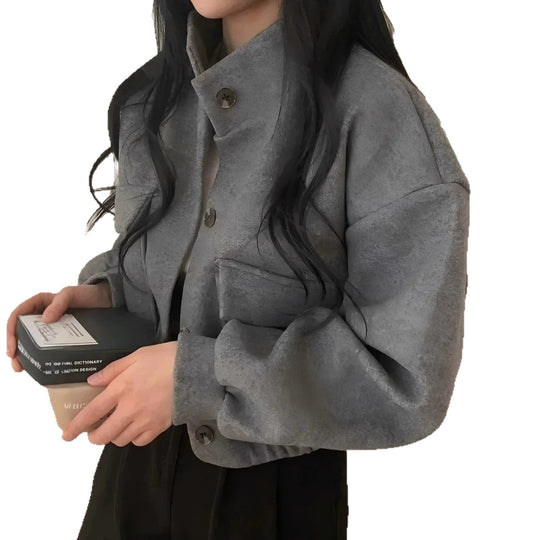 Damen Kurze Oversize-Wolloptik-Jacke mit Stehkragen und Ballonärmeln Shop Nory