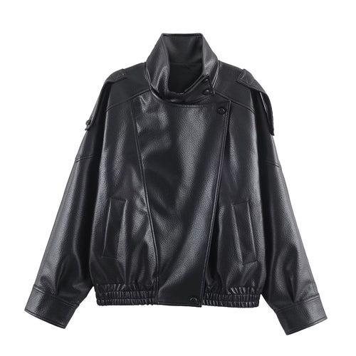 Damen Kunstlederjacke im modernen Design mit hochgeschlossenem Kragen und praktischen Taschen