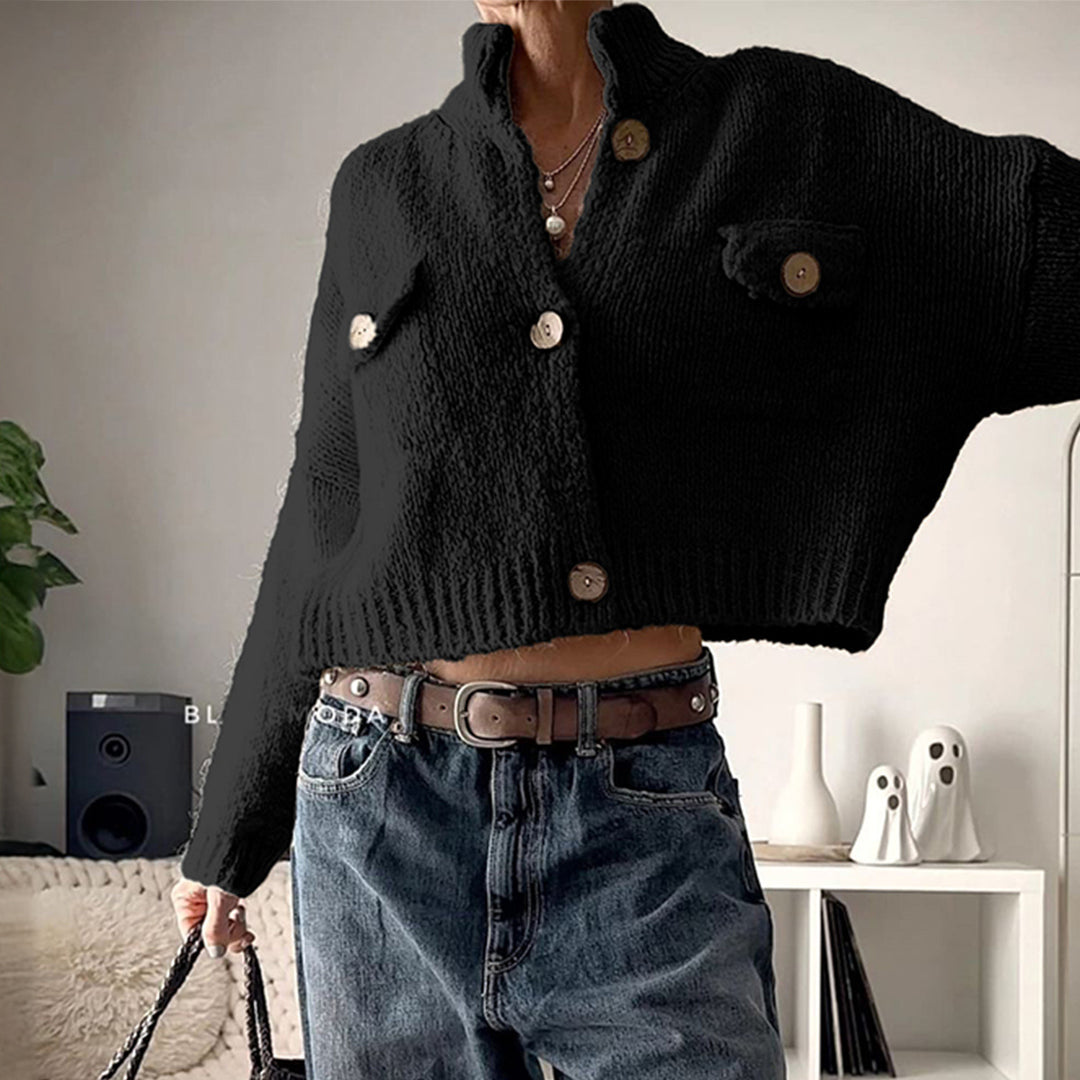Damen nan kuschelige Strickjacke mit Holzknöpfen und Brustklappe Shop Nory