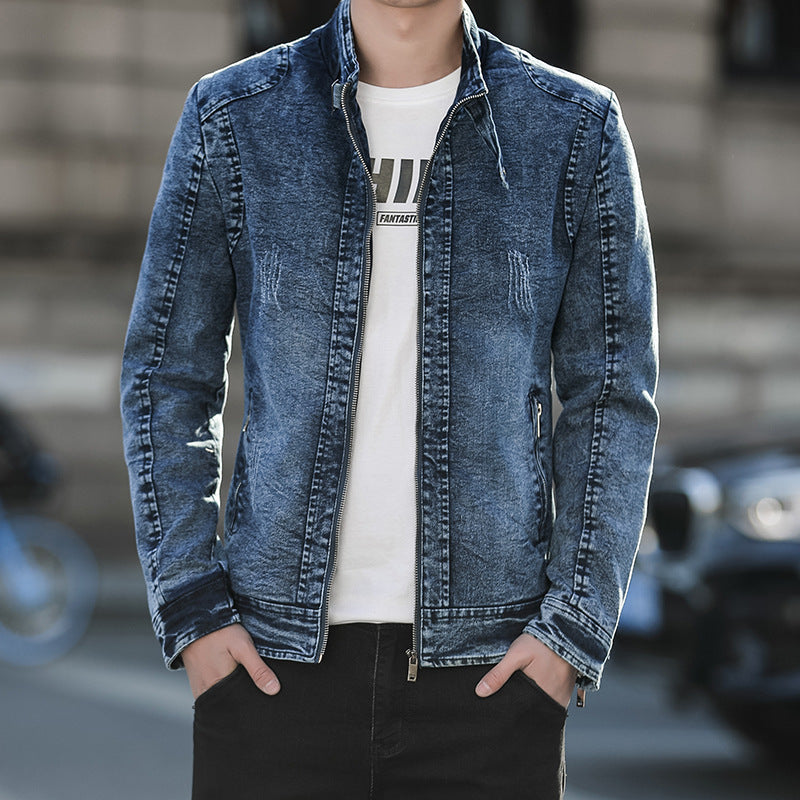 Herren Slim-Fit gewaschene Denim-Jacke mit Stehkragen und Reißverschluss Shop Nory