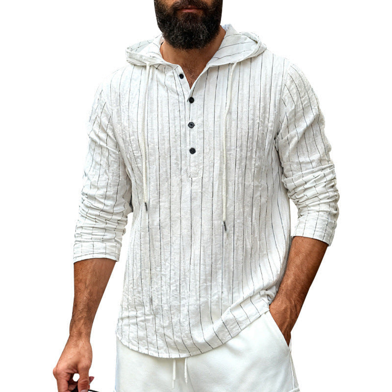 Herren nan Kapuzenshirt aus Leinenmix mit halber Knopfleiste und Nadelstreifen