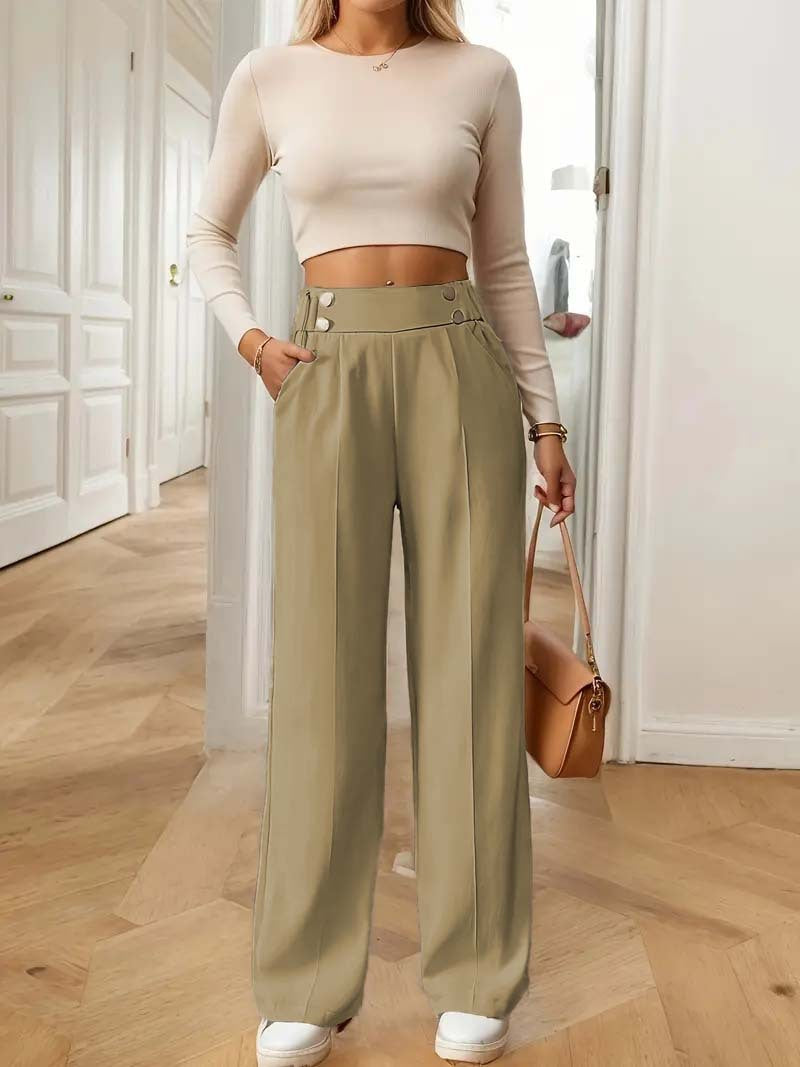 Damen Hochtaillierte weite Marlene-Hose mit Zierknopf-Bund und Bügelfalte Shop Nory